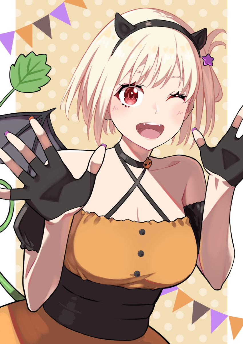 1girl, ;d, banner, bare_shoulders, black_choker, black_gloves, black_hairband, blonde_hair, breasts, choker, cleavage, collarbone, demon_horns, fake_horns, fang, fingerless_gloves, gloves, hair_ornament, hairband, halloween_costume, hands_up, highres, horns, lycoris_recoil, medium_breasts, nishikigi_chisato, one_eye_closed, open_hands, open_mouth, raa_senpai, red_eyes, short_hair, smile, solo, star_(symbol), star_hair_ornament