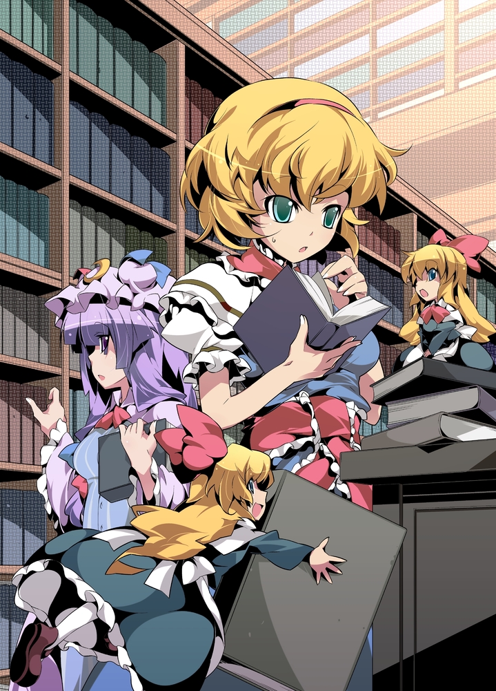 2girls, alice_margatroid, blonde_hair, blue_eyes, book, bookshelf, capelet, crescent