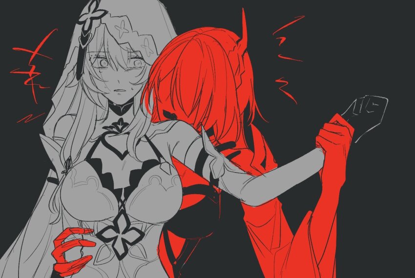 2girls, acheron_(honkai:_star_rail), bare_shoulders, black_background, black_gloves, black_swan_(honkai:_star_rail), dress, elbow_gloves