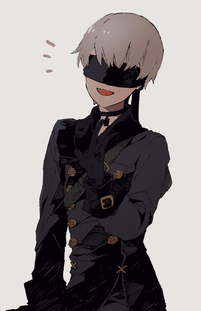 1boy, 9s_(nier:automata), black_jacket, blindfold, choker, covered_eyes, facing_viewer, grey_background