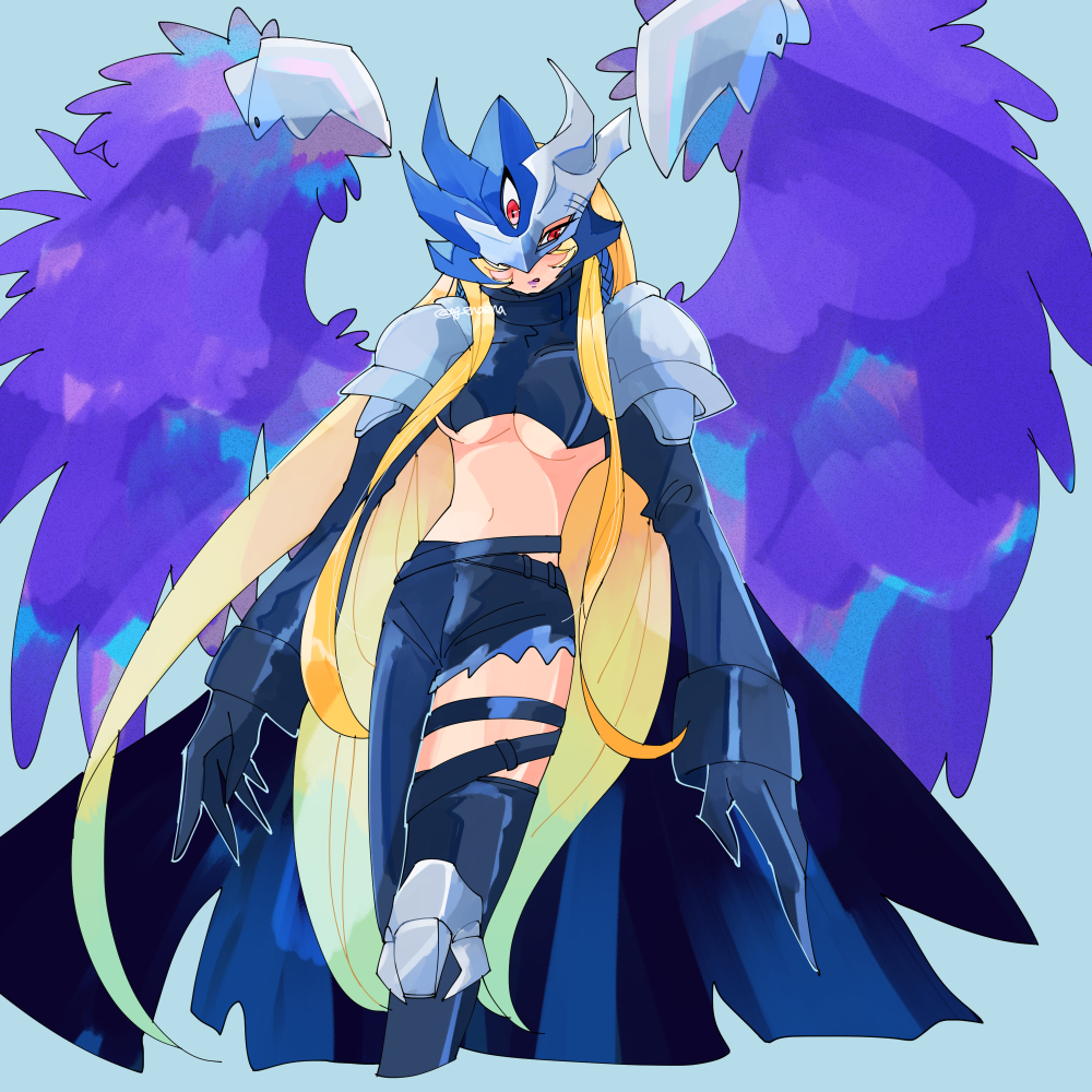 1girl, beelstarmon, beelstarmon_x-antibody, black_gloves, black_pants, black_shirt, blonde_hair, breasts, crop_top, digimon, eye_mask, feathered_wings, gloves, lipstick, long_hair, makeup, mask, medium_breasts, navel, pants, pg_enaena, purple_eyes, purple_wings, shirt, shoulder_pads, solo, third_eye, torn_clothes, torn_pants, underboob, wings