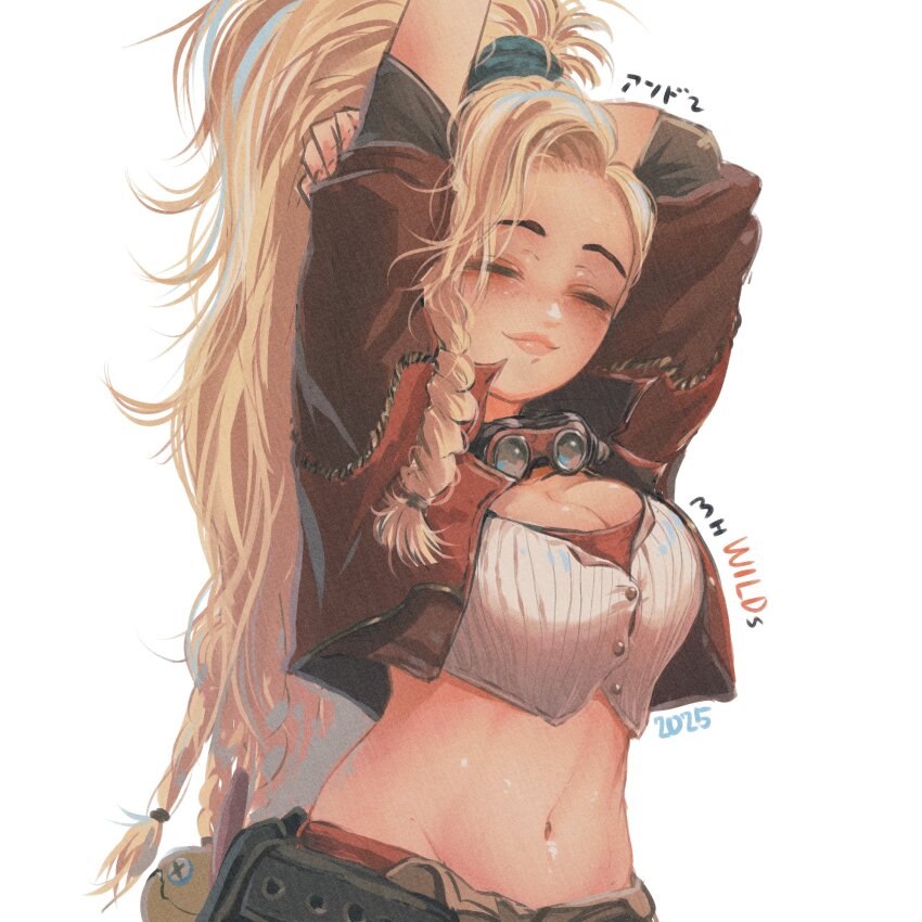 belt, blonde_hair, braid, breasts, cleavage, crop_top, cropped_jacket, freckles, gemma_(monster_hunter_wilds), goggles, goggles_around_neck, hair_ornament, hair_scrunchie, highres, jacket, large_breasts, leather, leather_jacket, lips, long_hair, midriff, monster_hunter_(series), monster_hunter_wilds, navel, open_clothes, open_jacket, panties, panty_peek, scrunchie, side_braid, simple_background, stretching, und2, underwear, white_background