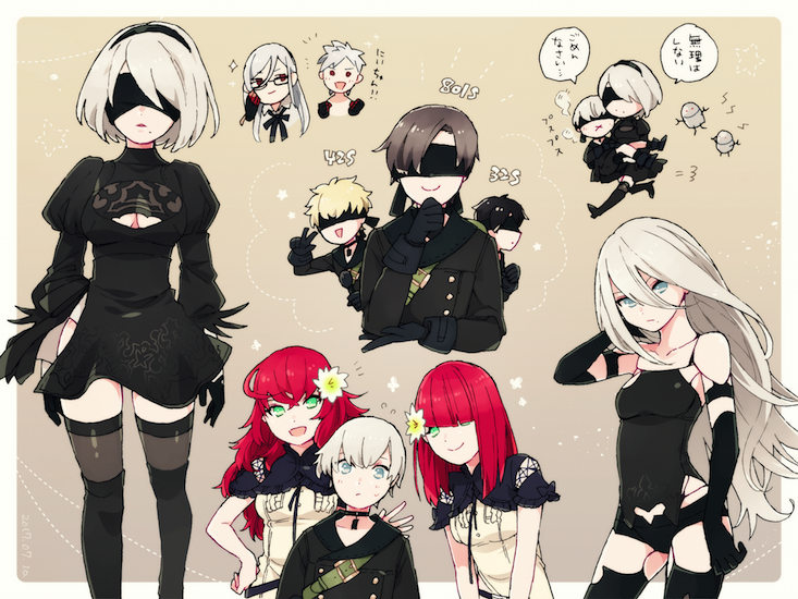 2b_(nier:automata), 32s_(nier:automata), 42s_(nier:automata), 4girls, 6+boys, 801s_(nier:automata), 9s_(nier:automata), a2_(nier:automata), adam_(nier:automata), black_dress, black_hair, black_thighhighs, blindfold, blonde_hair, commentary_request, devola, dress, eve_(nier:automata), glasses, green_eyes, grey_hair, long_hair, machine_(nier), malt_40, multiple_boys, multiple_girls, nier:automata, nier_(series), no_blindfold, popola, red_hair, short_hair, smile, thighhighs, translation_request