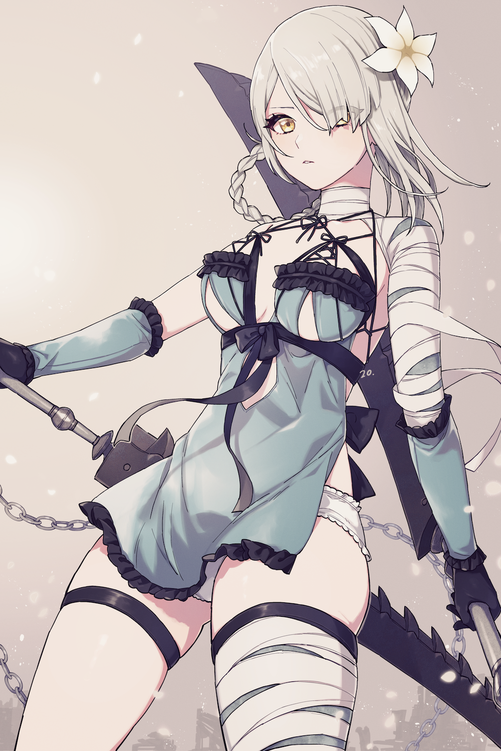 1girl, bandaged_arm, bandaged_leg, bandages, blue_dress, braid, breasts, clothing_cutout