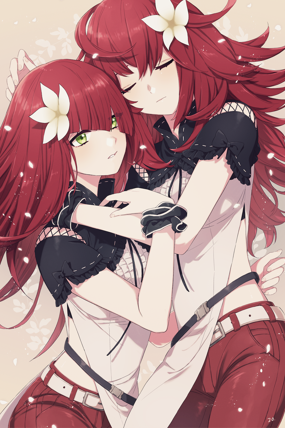 2girls, belt, blush, closed_eyes, devola, expressionless, flower, green_eyes