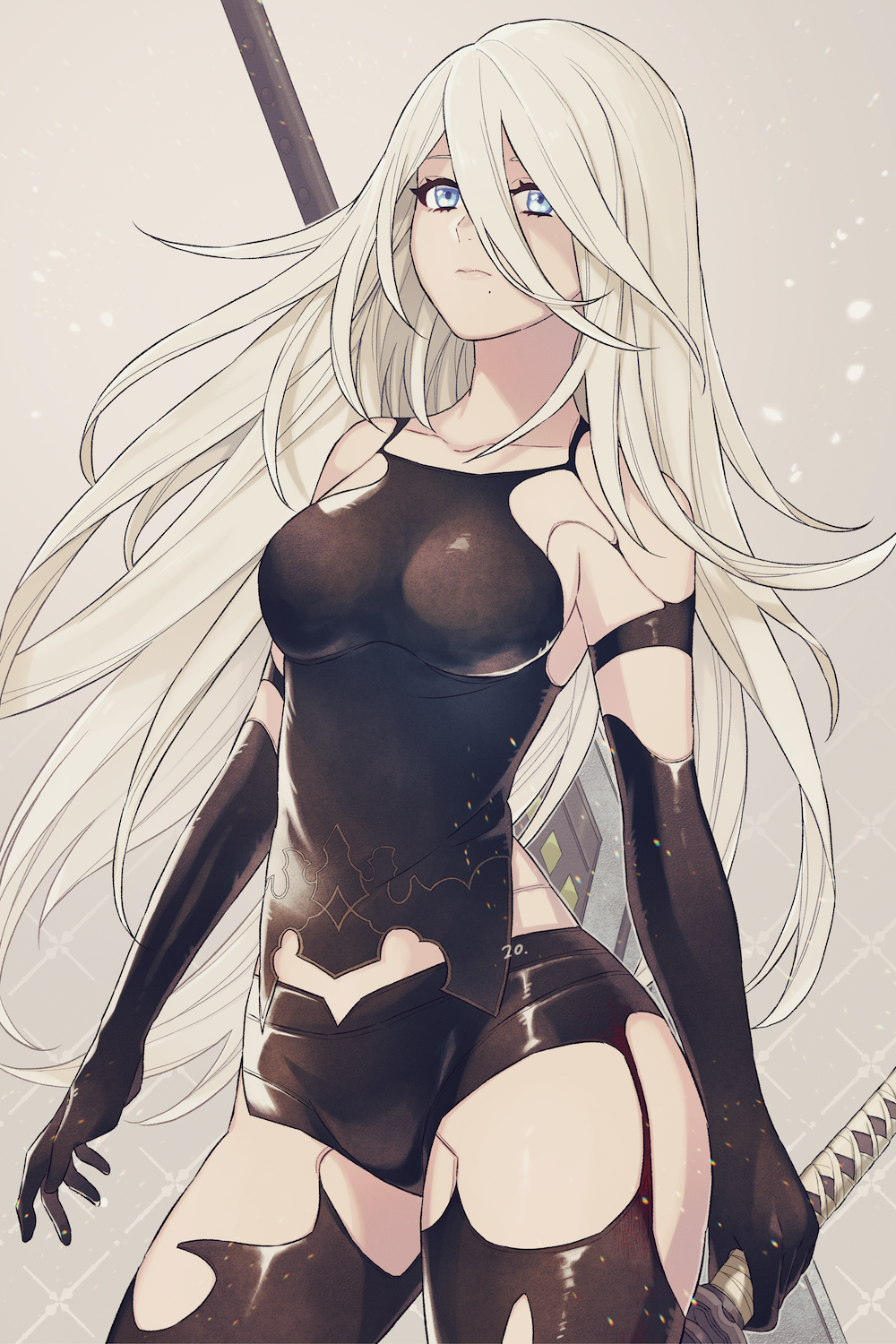 1girl, a2_(nier:automata), armlet, bare_shoulders, black_gloves, black_shorts, black_tank_top, black_thighhighs, blue_eyes, breasts, elbow_gloves, gloves, hair_between_eyes, highres, holding, holding_weapon, jewelry, joints, long_hair, malt_40, mole, mole_under_mouth, nier:automata, nier_(series), robot_joints, shorts, solo, sword, tank_top, thighhighs, very_long_hair, weapon, white_hair