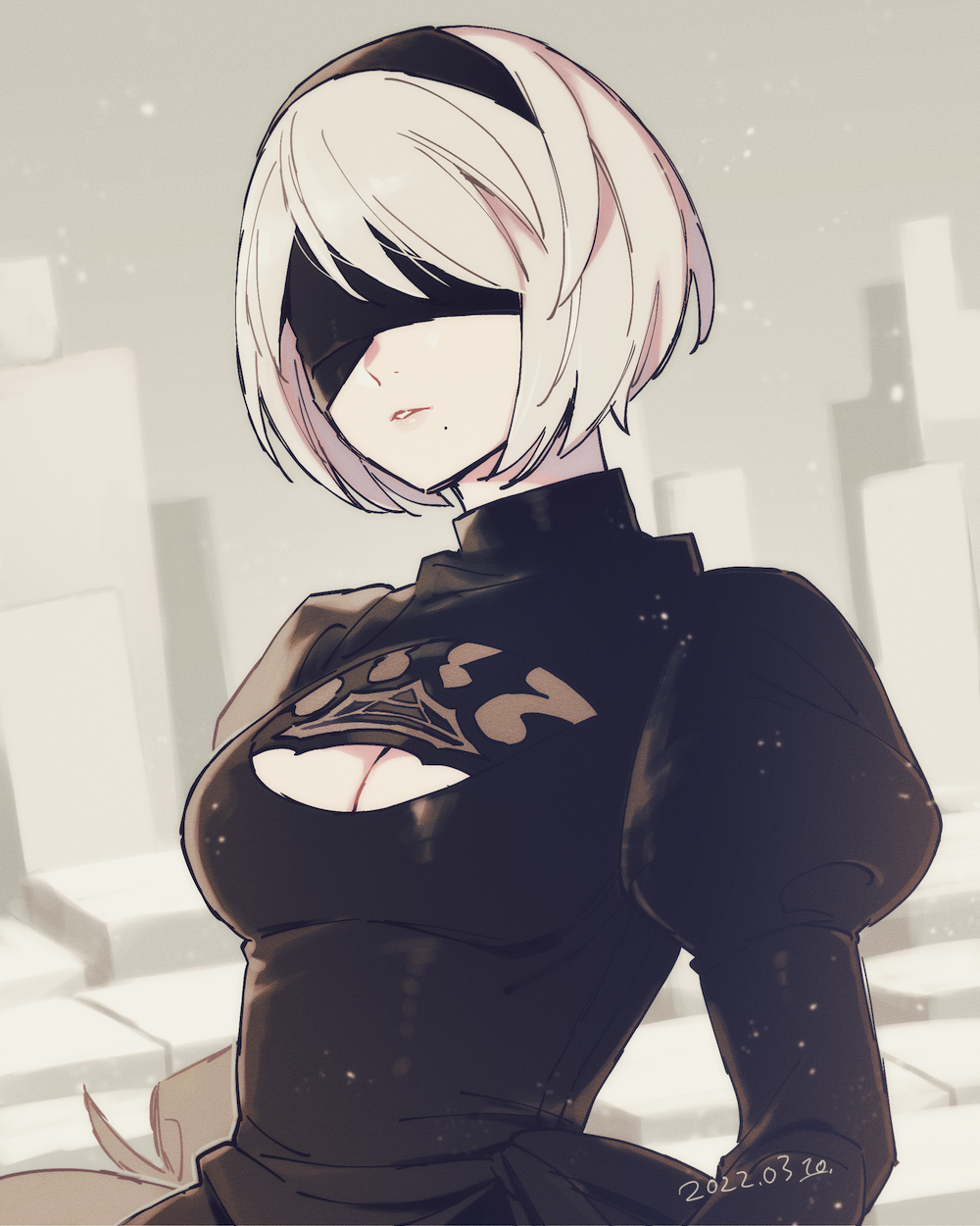 1girl, 2b_(nier:automata), black_dress, black_hairband, blindfold, breasts, cleavage, cleavage_cutout