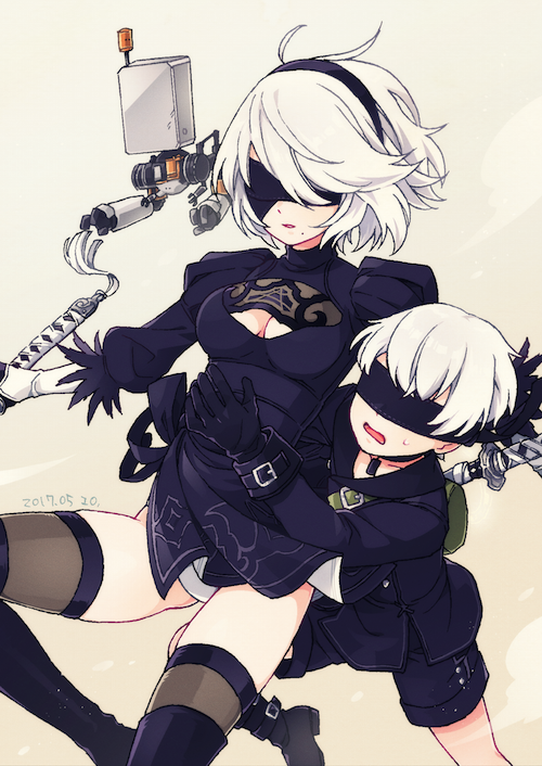 1boy, 1girl, 2b_(nier:automata), 9s_(nier:automata), black_hairband, black_thighhighs, blindfold, boots