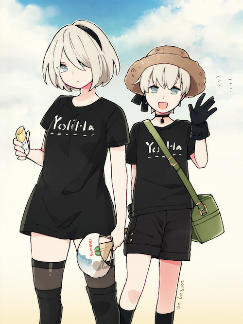 1boy, 1girl, 2b_(nier:automata), 9s_(nier:automata), bag, blue_eyes, blue_sky, choker, cloud, expressionless, gloves, grey_hair, hand_fan, hat, looking_at_viewer, malt_40, nier:automata, nier_(series), open_mouth, shirt, short_hair, shorts, sky, smile, t-shirt, thighhighs, waving