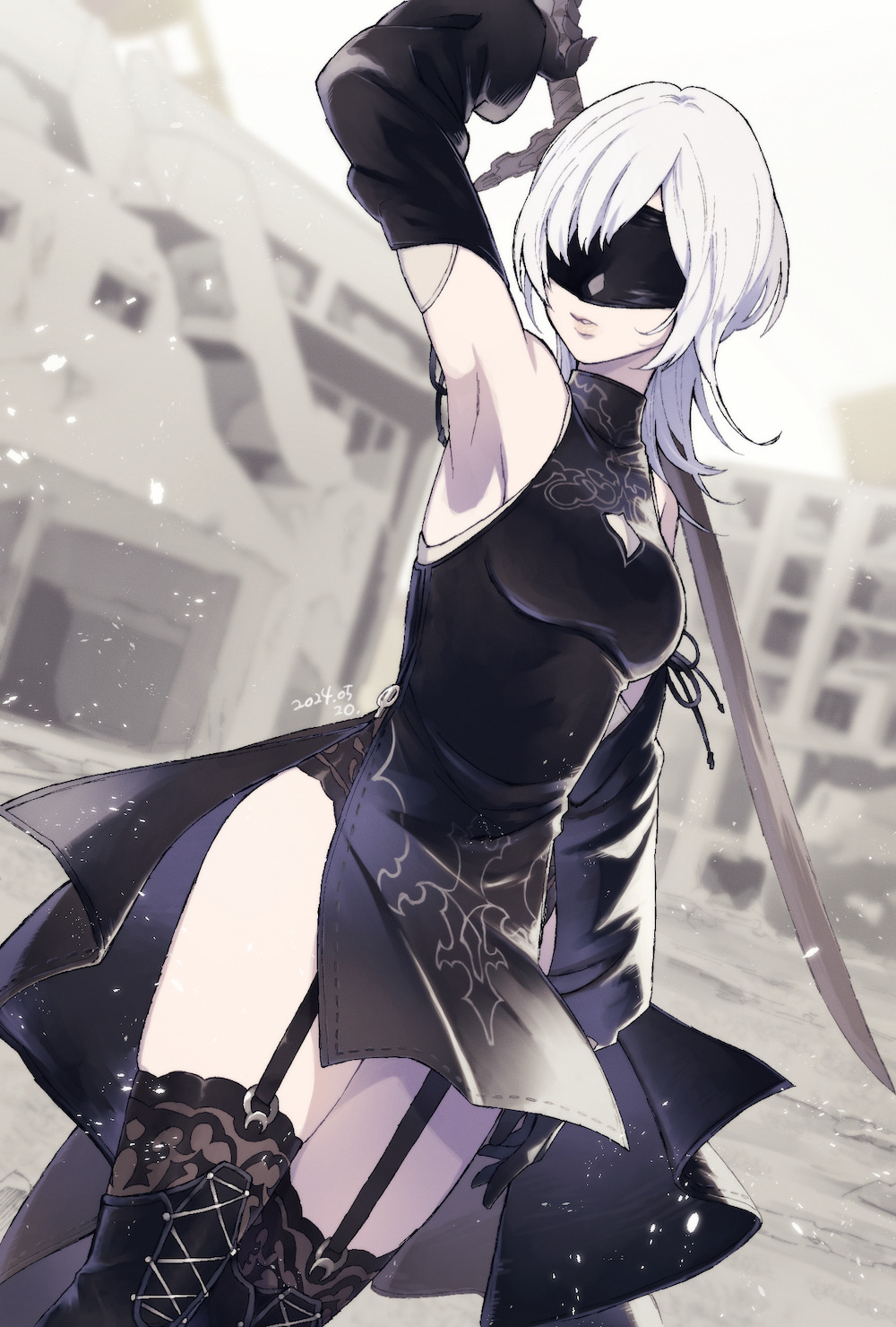10h_(nier_reincarnation), 1girl, bare_shoulders, black_dress, black_thighhighs, blindfold, breasts, covered_eyes
