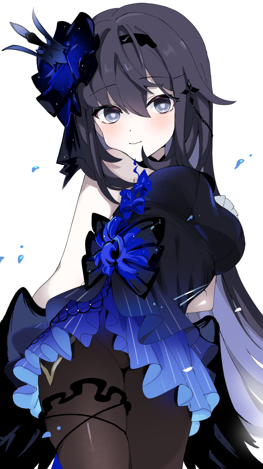 1girl, absurdres, arm_behind_back, awe_(adorableduckyy), bare_shoulders, black_dress, black_eyes, black_hair