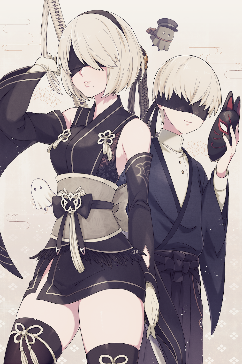 1boy, 1girl, 2b_(nier:automata), 9s_(nier:automata), bare_shoulders, black_hairband, black_kimono, black_thighhighs