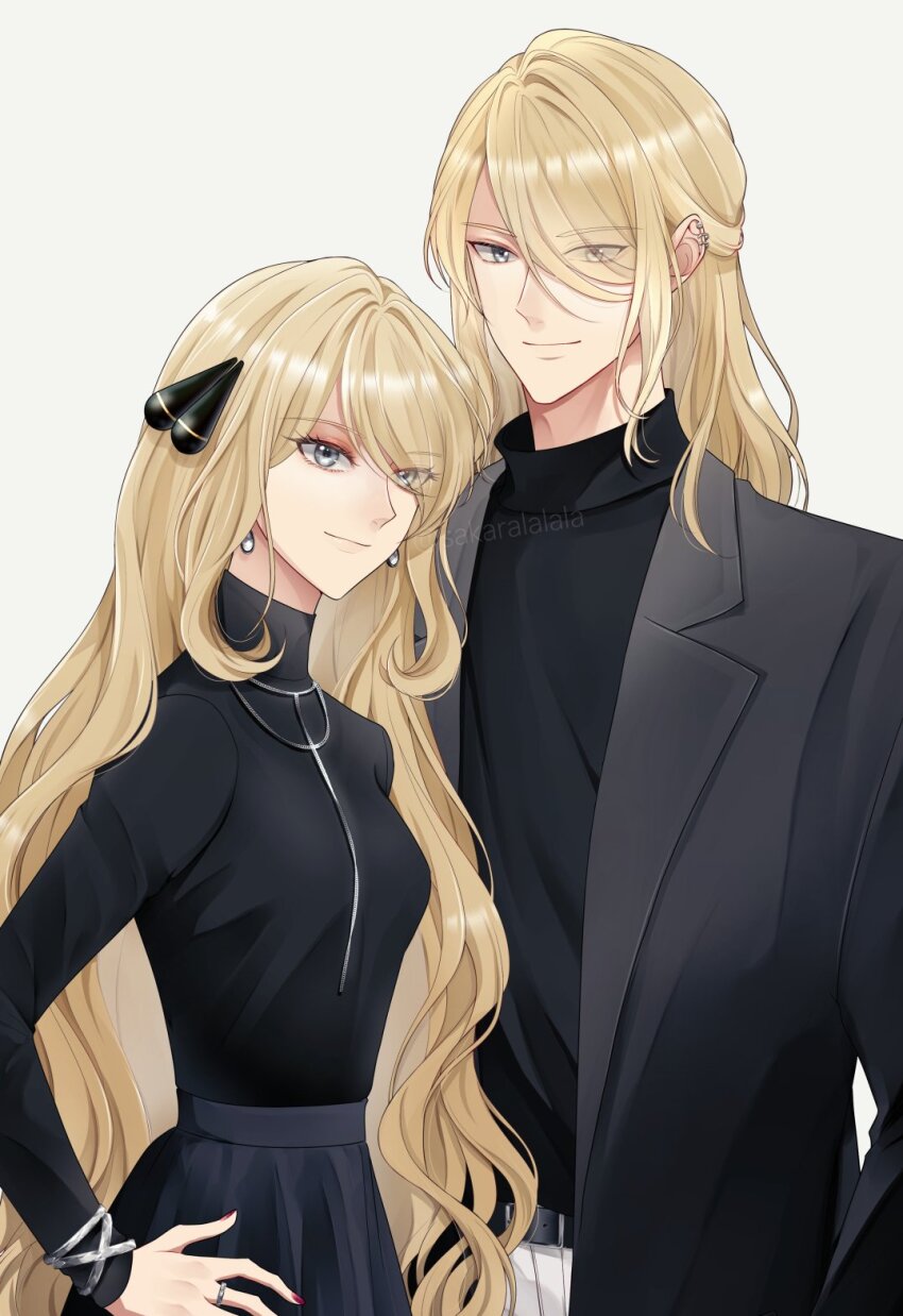 1boy, 1girl, belt, black_suit, blonde_hair, breasts, closed_mouth, cynthia_(pokemon)