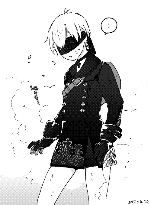 !, 1boy, 9s_(nier:automata), belt, blindfold, choker, gloves, greyscale