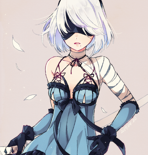 2b_(nier:automata), bandaged_arm, bandages, blindfold, blue_dress, breasts, cosplay, covered_eyes