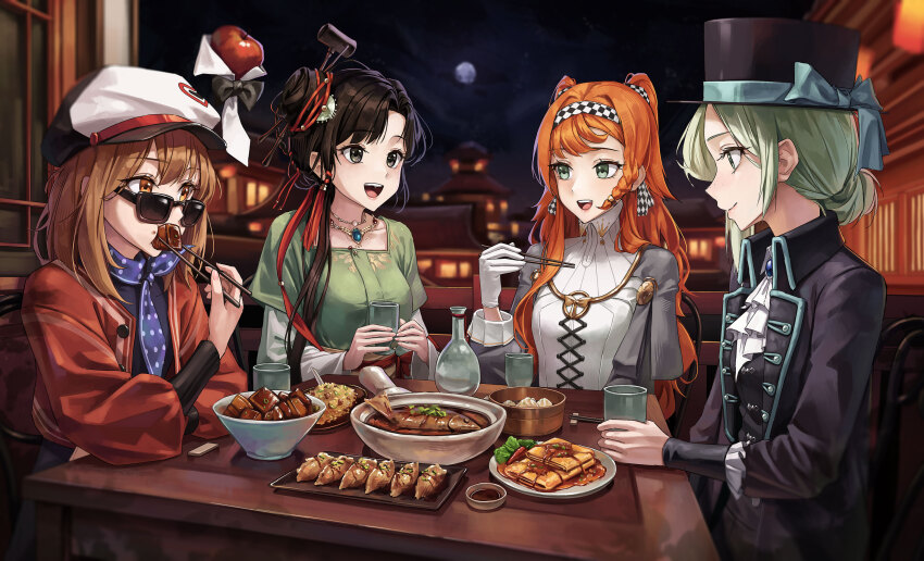 4girls, :d, apple, apple_(reverse:1999), architecture, ascot, bamboo_steamer, black_bow