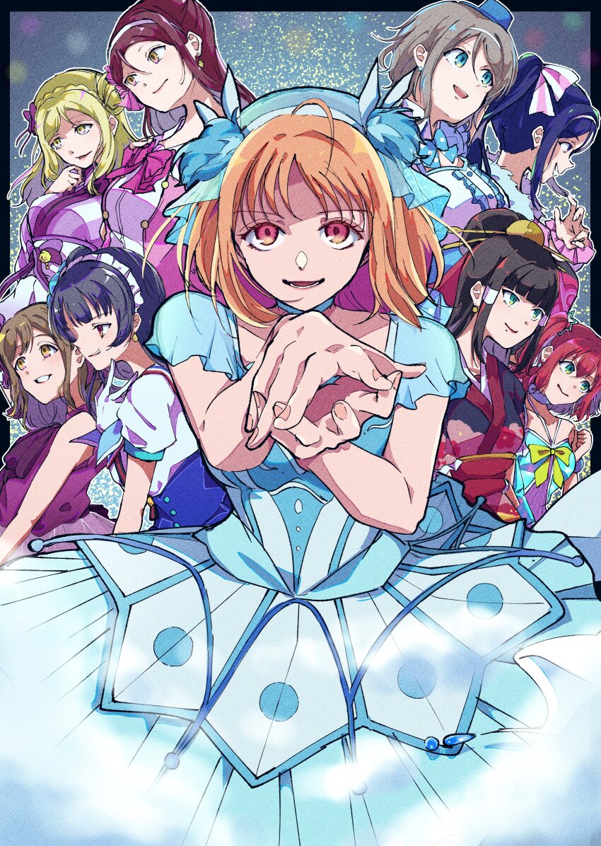 absurdres, dress, everyone, hair_ornament, hat, highres, idol, kiko_ycr, kunikida_hanamaru, kurosawa_dia, kurosawa_ruby, long_hair, love_live!, love_live!_sunshine!!, matsuura_kanan, multiple_girls, ohara_mari, ribbon, sakurauchi_riko, short_hair, simple_background, skirt, takami_chika, tsushima_yoshiko, watanabe_you