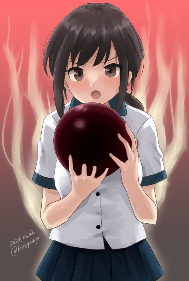 1girl, aura, ball, black_hair, blue_skirt, bowling_ball, brown_eyes, collared_shirt