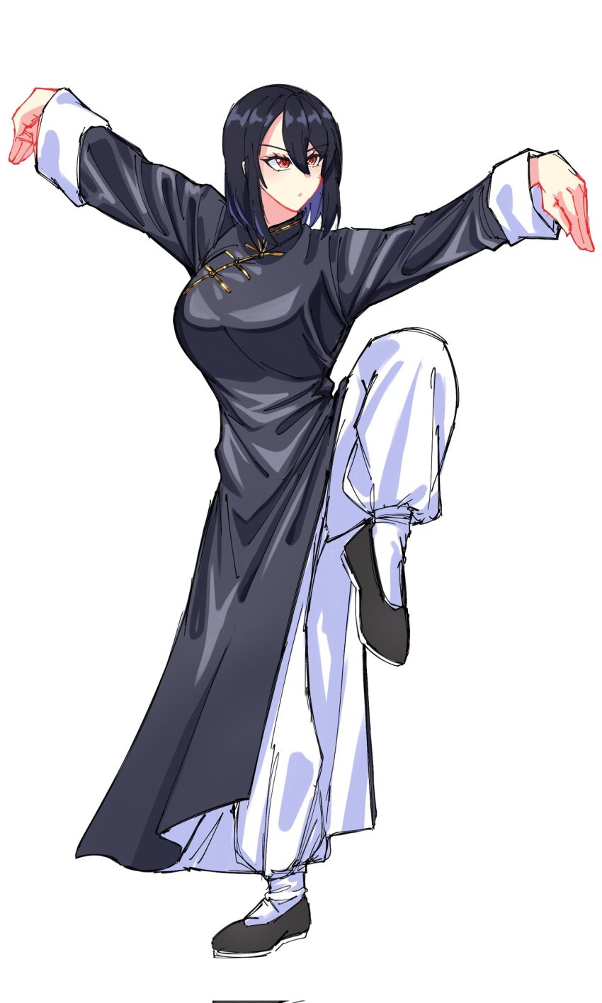 black_dress, black_hair, china_dress, chinese_clothes, dress, fighting, fighting_stance, highres