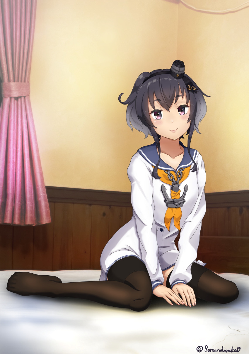 1girl, absurdres, anchor, arms_between_legs, black_hair, black_pantyhose, blush, brown_eyes
