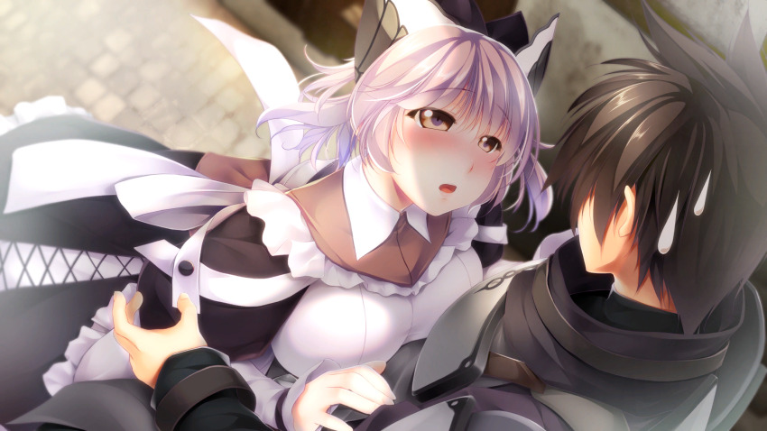 1boy, 1girl, apron, armor, atelier-moo, black_hair, blush, breasts