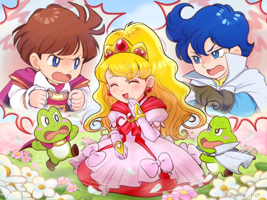 1girl, 2boys, blonde_hair, blue_eyes, blue_hair, blue_shirt, blush, blush_stickers