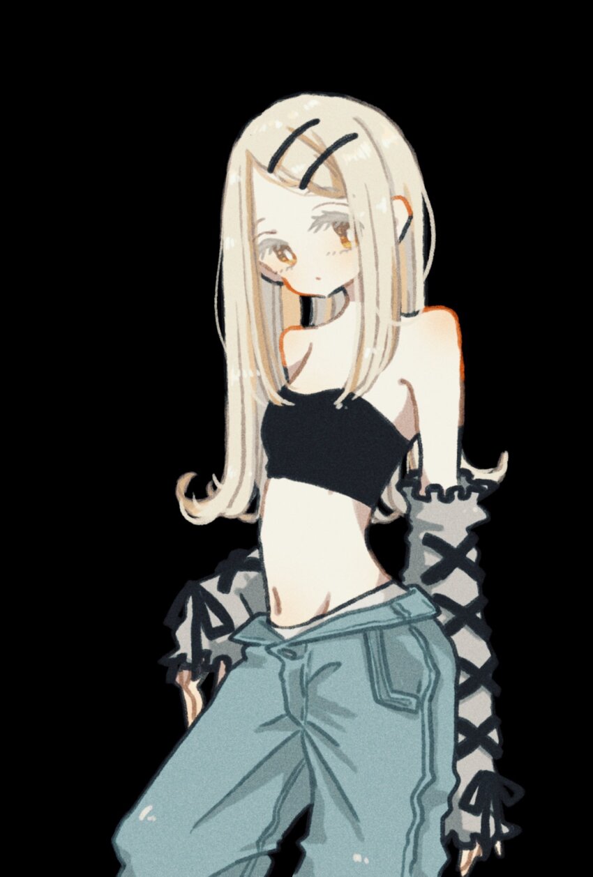 1girl, alternate_costume, black_background, black_tube_top, blonde_hair, blue_pants, breasts, closed_mouth, cowboy_shot, cross-laced_clothes, cross-laced_sleeves, denim, detached_sleeves, flipped_hair, gakuen_idolmaster, grey_sleeves, hair_ornament, highres, idolmaster, jeans, long_hair, long_sleeves, looking_at_viewer, navel, noo-chan, pants, shinosawa_hiro, simple_background, small_breasts, solo, standing, straight_hair, strapless, tube_top, yellow_eyes