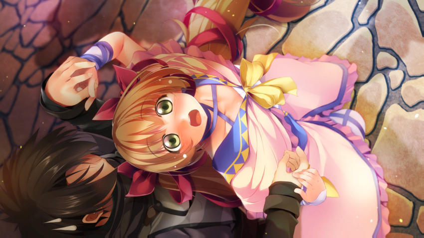 1boy, 1girl, atelier-moo, black_hair, blush, breasts, brown_hair, carol_(our_battle_has_just_begun!)