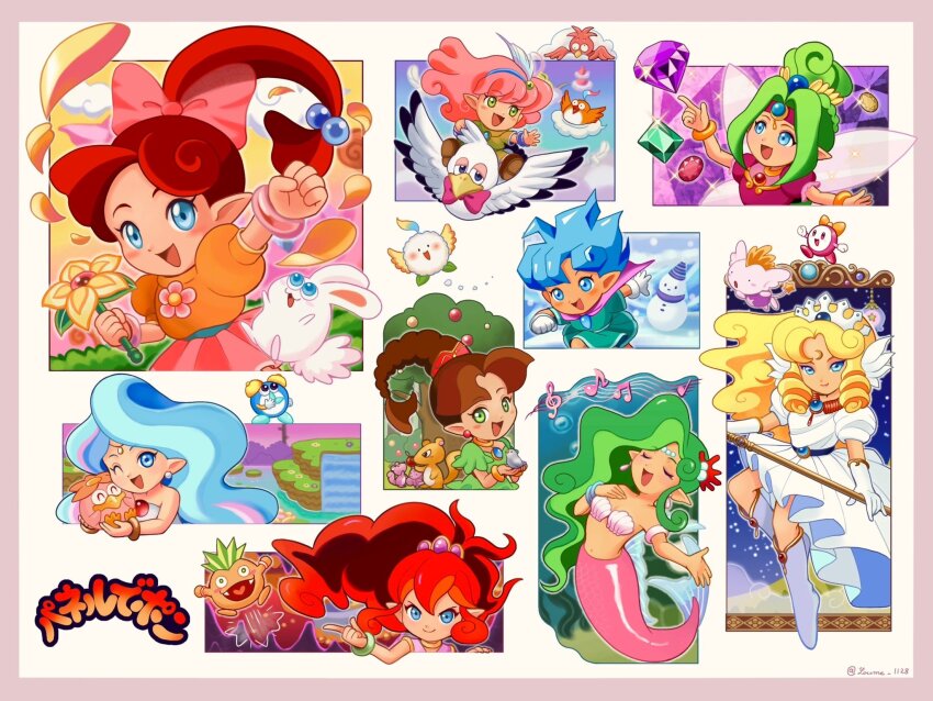 bangle, bikini, bird, blonde_hair, blue_eyes, blush, boots, bow, bracelet, brown_hair, clock, closed_eyes, cloud, cloudy_sky, coral_hair_ornament, coral_hairpin, crescent, crescent_facial_mark, crown, dress, earrings, elias_(panel_de_pon), facial_mark, fairy, flare_(panel_de_pon), flower, furifuri_(panel_de_pon), gem, grass, green_eyes, green_hair, hair_ornament, happy, highres, holding, holding_wand, jewelry, lip_(panel_de_pon), logo, long_hair, mermaid, monster_girl, multiple_girls, multiple_views, music, musical_note, neris_(panel_de_pon), open_mouth, panel_de_pon, petals, pink_hair, pointy_ears, ponytail, rabbit, red_hair, riding, riding_bird, ruby_(panel_de_pon), seren_(panel_de_pon), shell, shell_bikini, sherbet_(panel_de_pon), singing, skirt, sky, smile, snow, snowman, sparkle, squirrel, suruga_kanade, teana_(panel_de_pon), tree, underwater, wand, watabou_(panel_de_pon), water, white_crown, windy_(panel_de_pon)