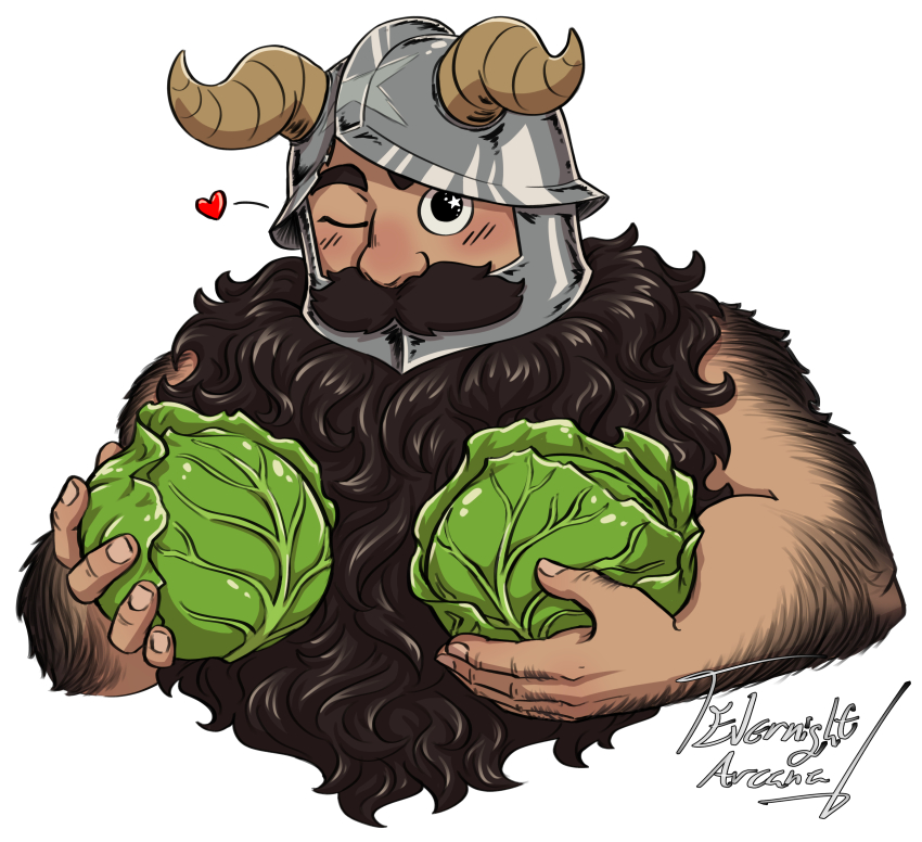1boy, absurdres, bara, beard, blush, body_fur, cabbage, dungeon_meshi, dwarf, evernight_arcana, facial_hair, fake_horns, food, hairy, hand_hair, helmet, highres, holding, holding_food, holding_vegetable, horned_helmet, horns, knuckle_hair, long_beard, looking_at_viewer, male_focus, mustache, one_eye_closed, senshi_(dungeon_meshi), solo, star_(symbol), star_in_eye, symbol_in_eye, thick_arm_hair, thick_back_hair, thick_mustache, vegetable, very_hairy, very_long_beard, wink_heart