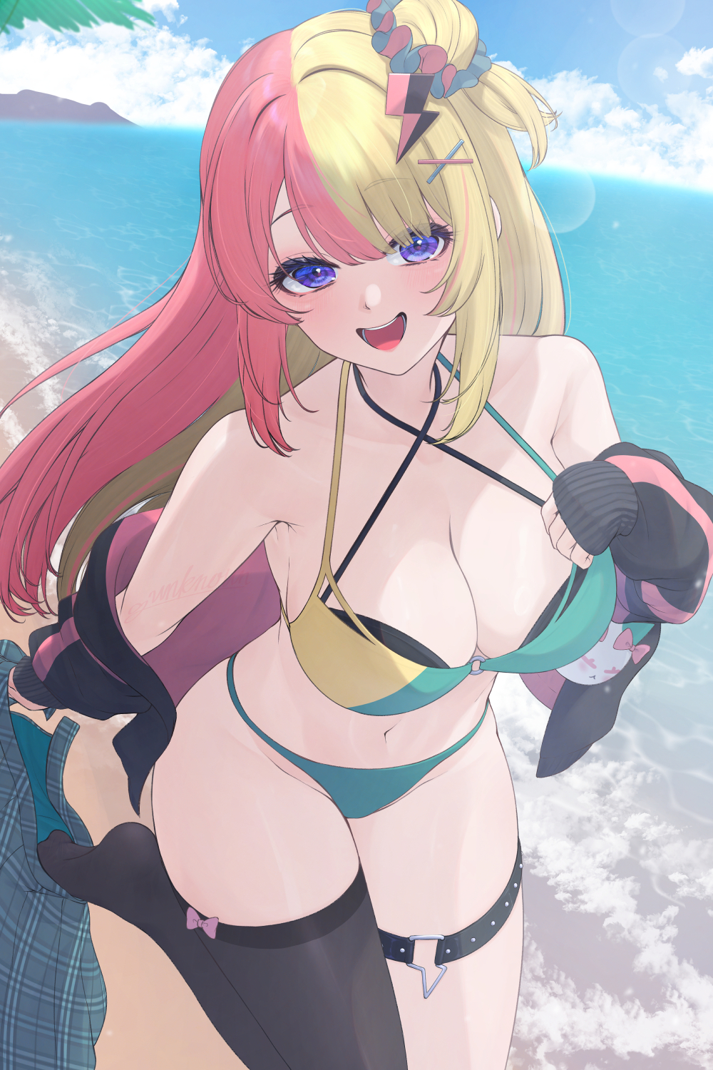 1girl, beach, bikini, blonde_hair, blue_eyes, blue_sky, blush, breasts