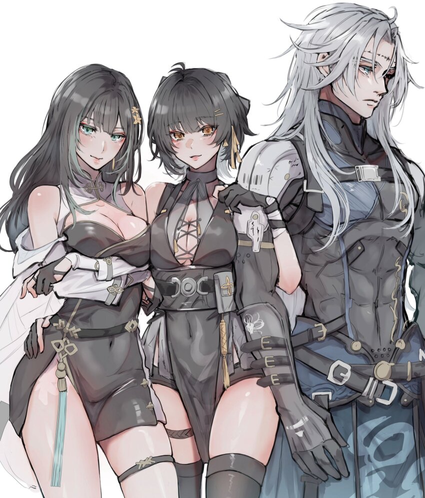 1boy, 2girls, abs, baizhi_(wuthering_waves), bare_shoulders, black_gloves, black_hair, breasts