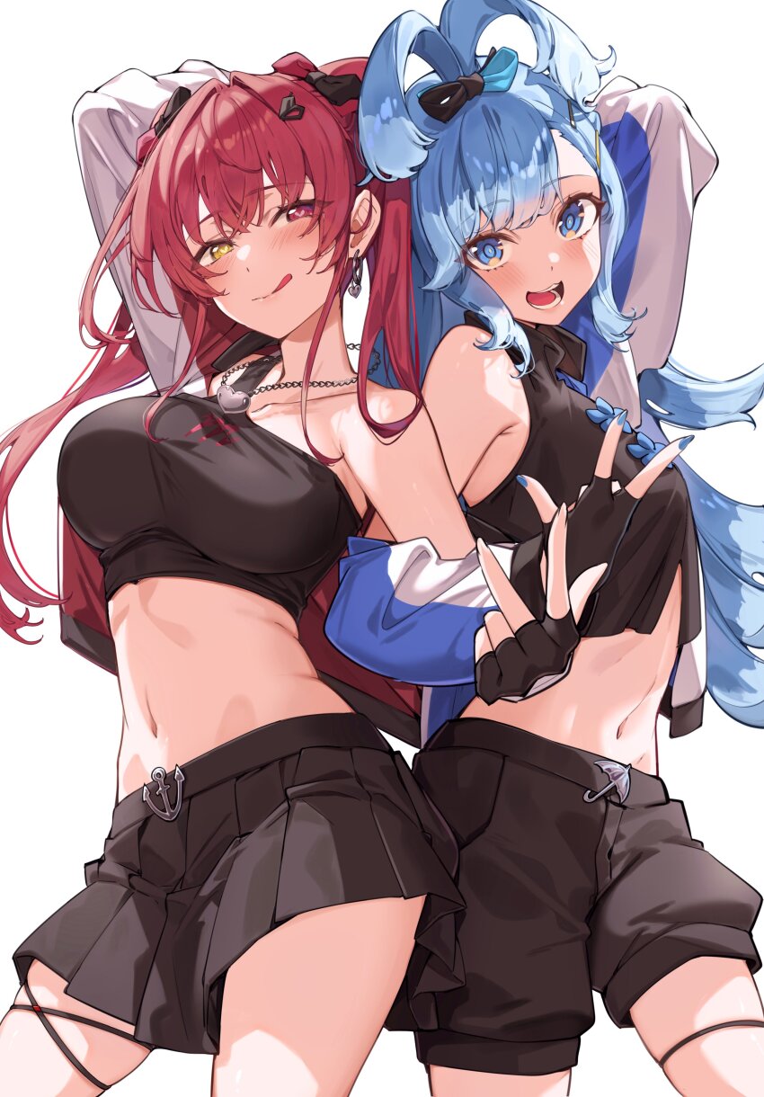 2girls, absurdres, arm_behind_head, bare_shoulders, black_shirt, black_shorts, black_skirt, blue_eyes