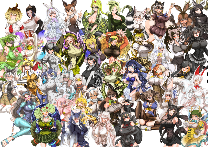 6+girls, absurdres, alternate_breast_size, animal_ears, animal_print, antlers, bald_eagle_(kemono_friends), barbary_lion_(kemono_friends), bare_shoulders, beanie, black_bow, black_hair, black_serval_(kemono_friends), blackbuck_(kemono_friends), blonde_hair, blue_bow, blue_eyes, blue_footwear, blue_hair, blue_whale_(kemono_friends), blush, bow, breasts, brown_hair, character_request, cleavage, crested_porcupine_(kemono_friends), crocodilian_tail, cup, emperor_penguin_(kemono_friends), european_hare_(kemono_friends), fangs, giraffe_print, glasses, green_bow, green_hair, green_jacket, green_pants, grey_hair, grey_wolf_(kemono_friends), hair_bow, hair_ornament, hair_over_one_eye, hat, head_wings, highres, hippopotamus_gorgops_(kemono_friends), holding, holding_cup, horns, jacket, jackson's_chameleon_(kemono_friends), japanese_hare_(kemono_friends), japanese_pancake_devilfish_(kemono_friends), kemono_friends, kirin_(kemono_friends), light_brown_hair, lion_(kemono_friends), lion_ears, mammoth_(kemono_friends), moose_(kemono_friends), mountain_hare_(kemono_friends), multicolored_hair, multiple_girls, navel, necktie, oinari-sama_(kemono_friends), okapi_(kemono_friends), okapi_ears, open_mouth, pants, print_skirt, red-framed_eyewear, reticulated_giraffe_(kemono_friends), saltwater_crocodile_(kemono_friends), sandals, serval_(kemono_friends), shoebill_(kemono_friends), simple_background, skirt, smile, smilodon_(kemono_friends), snowshoe_hare_(kemono_friends), spectacled_caiman_(kemono_friends), tail, tank_top, tsukuyomi_shinshi_(kemono_friends), tunndererabu, western_lowland_gorilla_(kemono_friends), white_background, white_hair, white_tank_top, wings, yak_(kemono_friends), yatagarasu_(kemono_friends)