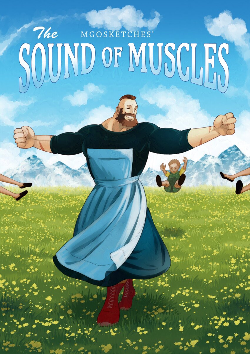 2boys, 2girls, absurdres, adversarial_noise, apron, artist_name, beard, black_dress