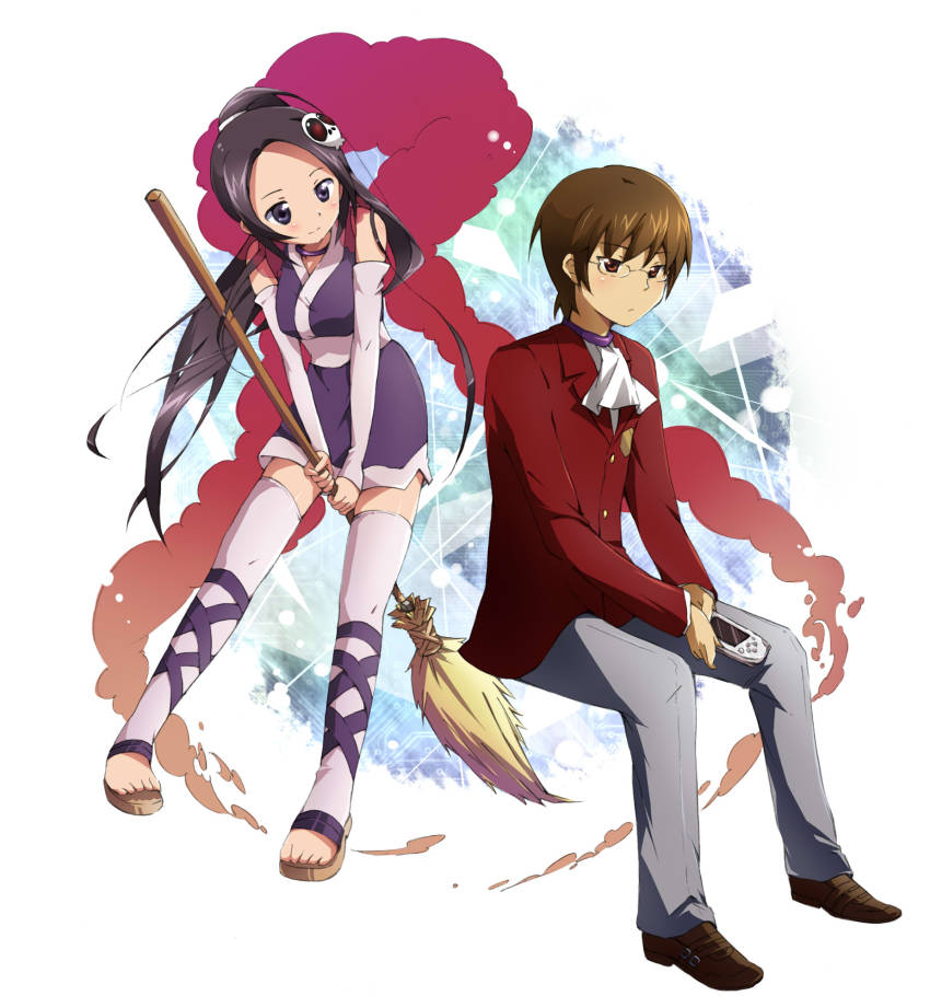 1boy, 1girl, ascot, blush, broom, brown_eyes, brown_hair, choker