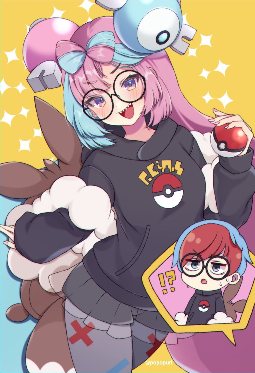 !?, 2girls, black-framed_eyewear, black_hood, black_hoodie, blue_hair, blush, bow-shaped_hair