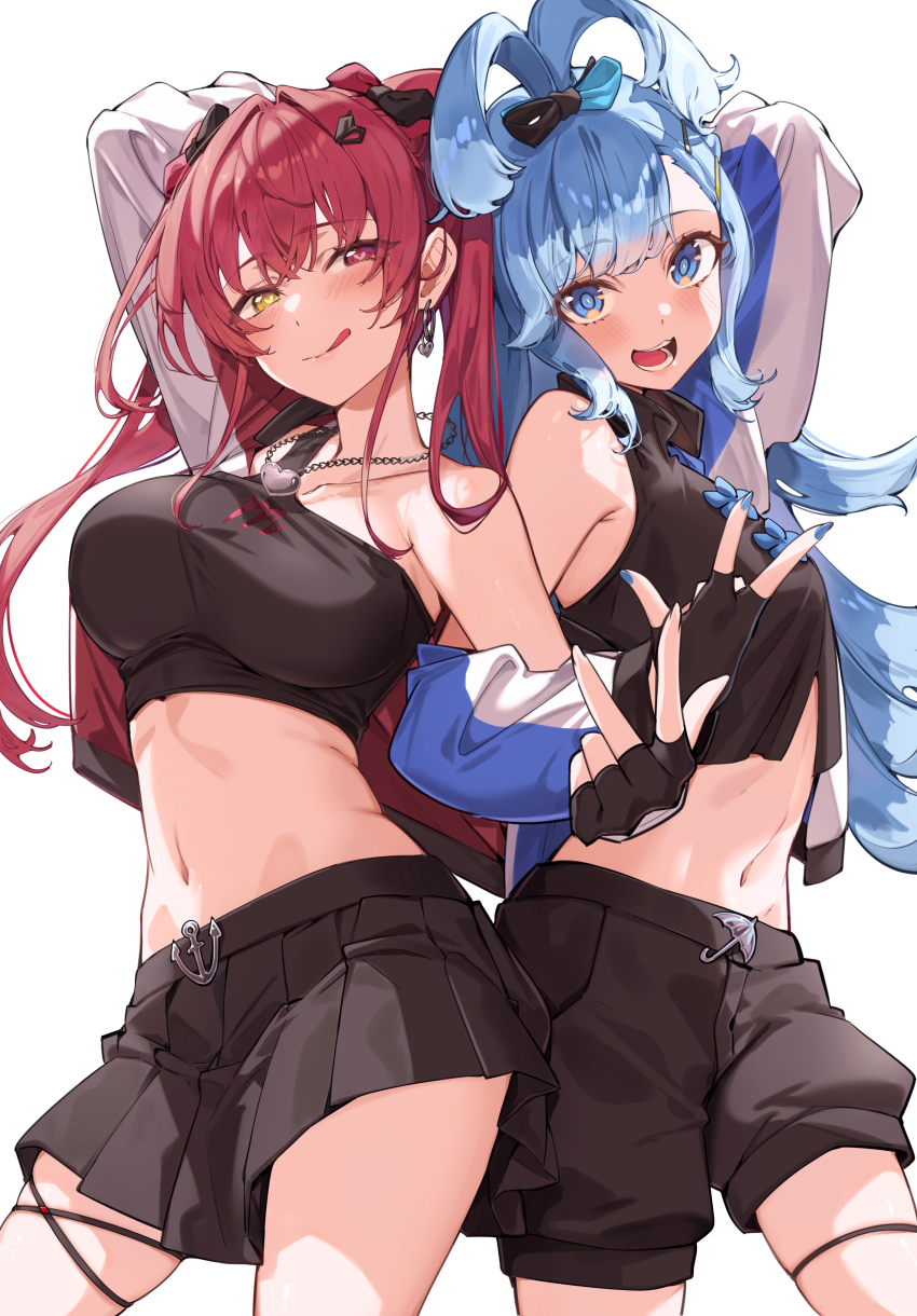 2girls, absurdres, arm_behind_head, bare_shoulders, black_shirt, black_shorts, black_skirt, blue_eyes
