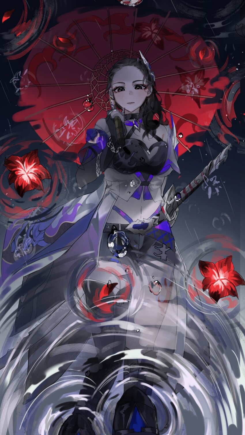 1girl, acheron_(honkai:_star_rail), acheron_(honkai:_star_rail)_(cosplay), allegra_clark, armor, bandaged_arm, bandaged_leg, bandages