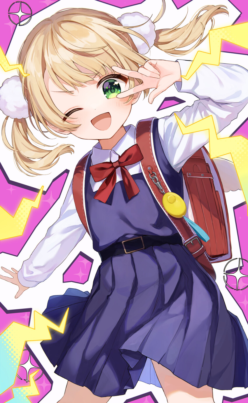 1girl, absurdres, backpack, bag, blonde_hair, blush, crime_prevention_buzzer, dress, green_eyes, highres, indie_virtual_youtuber, koyulu, looking_at_viewer, mesugaki, one_eye_closed, open_mouth, pinafore_dress, randoseru, shigure_ui_(vtuber), shigure_ui_(young)_(vtuber), sleeveless, sleeveless_dress, solo, v, virtual_youtuber