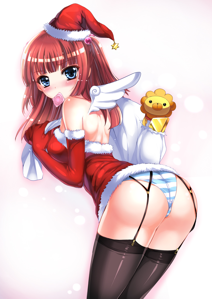 1girl, angel_wings, arched_back, ass, backless_outfit, bare_back, bare_shoulders, black_thighhighs