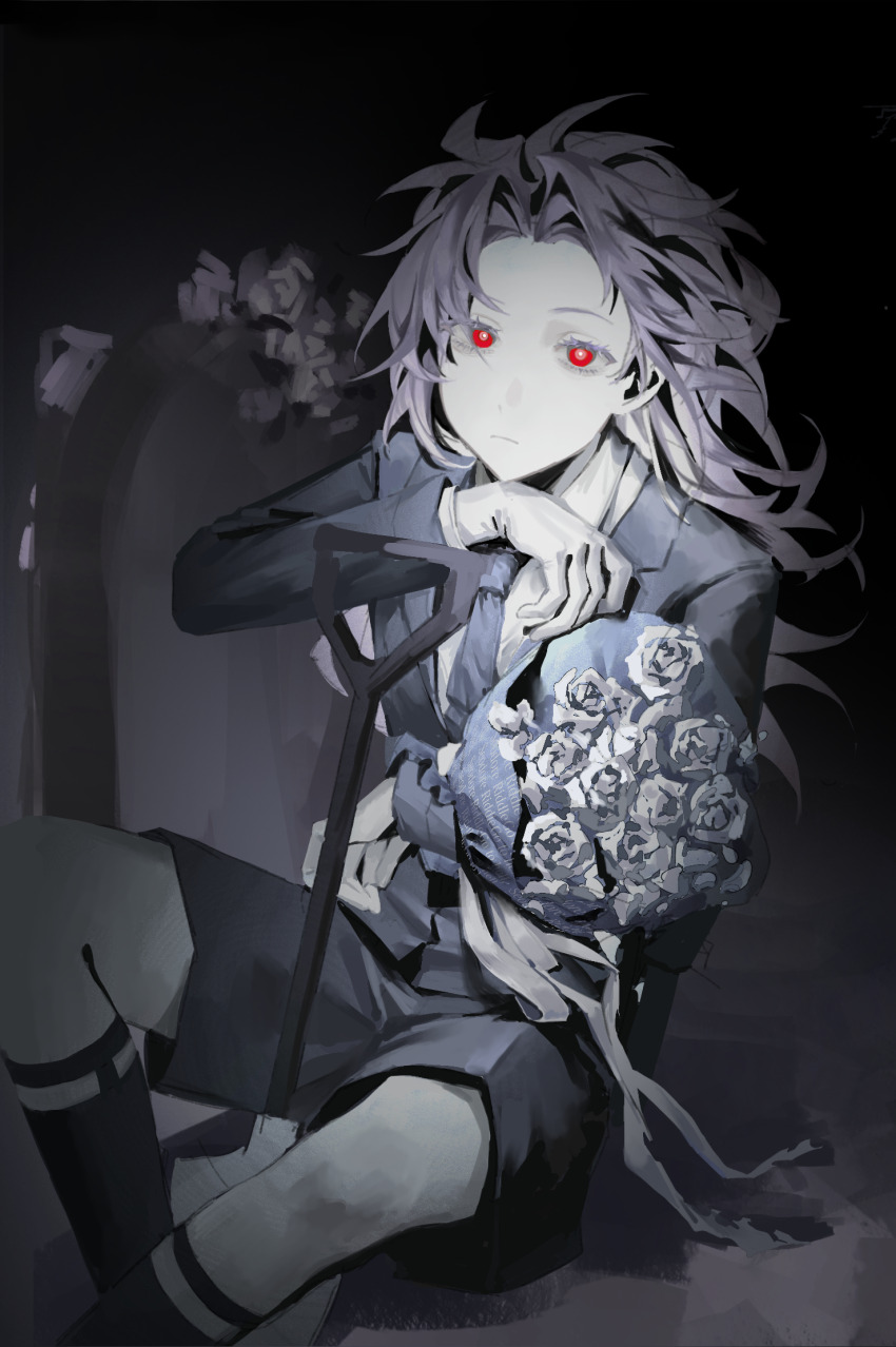 1boy, black_jacket, black_necktie, black_shorts, black_socks, bouquet, bright_pupils, chinese_commentary, closed_mouth, collared_shirt, commentary_request, flower, hatsutori_hajime, highres, jacket, jiu_ba, legwear_garter, light_frown, long_hair, looking_at_viewer, male_focus, necktie, night, pale_skin, parted_bangs, pink_hair, red_eyes, rose, saibou_shinkyoku, shirt, shorts, shovel, sitting, socks, solo, tombstone, white_flower, white_pupils, white_rose, white_shirt