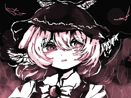 1girl, amenbo_a_kaina_aiueo, animal_ears, bird_ears, bird_wings, brown_dress, brown_hat, brown_wings, collared_shirt, dress, hair_between_eyes, hat, lowres, mystia_lorelei, open_mouth, pink_hair, portrait, red_eyes, shirt, short_hair, solo, touhou, white_shirt, winged_hat, wings