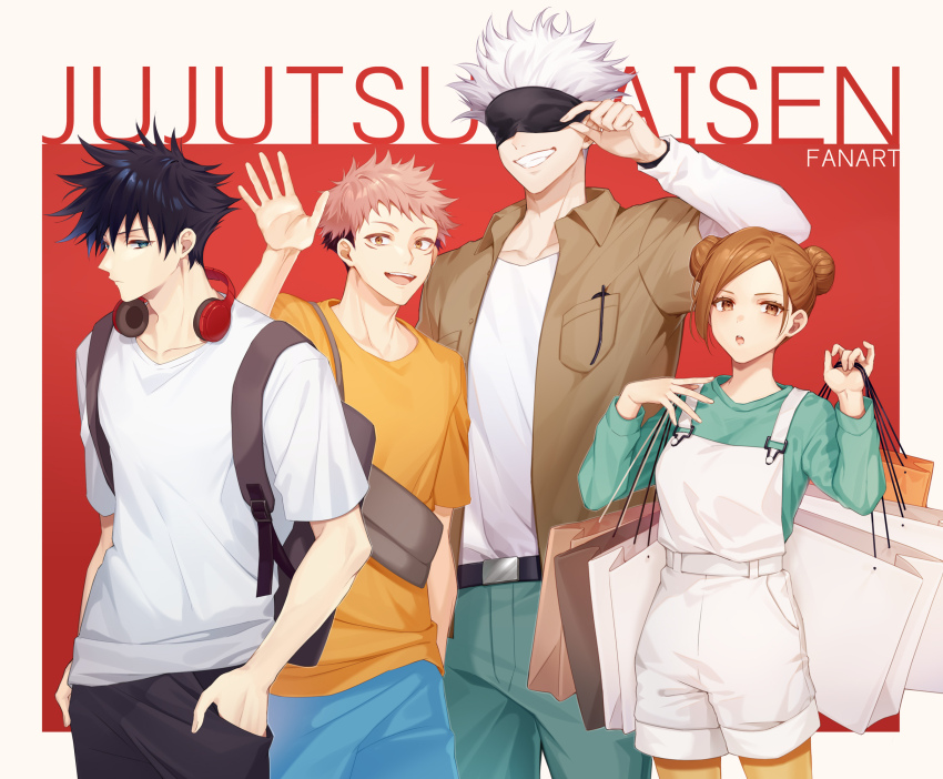 1girl, 3boys, bag, belt, black_belt, black_hair, black_shorts, blindfold