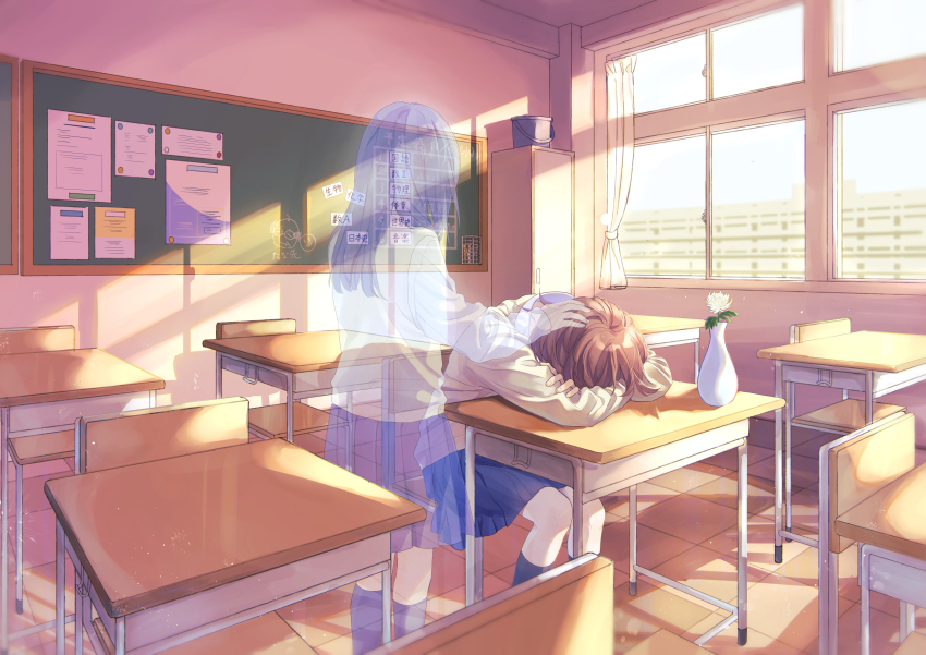 2girls, absurdres, black_hair, brown_hair, classroom, commentary, desk, evening