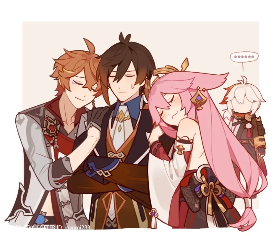 ..., 1girl, 3boys, animal_ears, blush, fox_ears, genshin_impact, hand_on_another's_shoulder