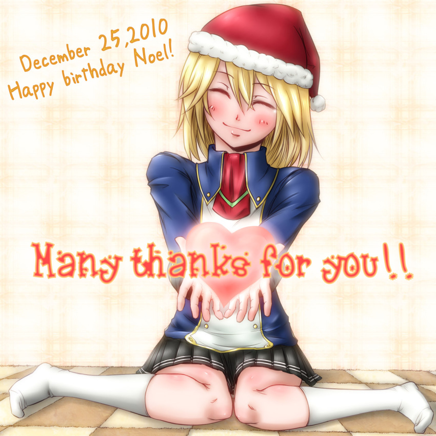 1girl, arc_system_works, blazblue, blonde_hair, blush, christmas, closed_eyes, female_focus
