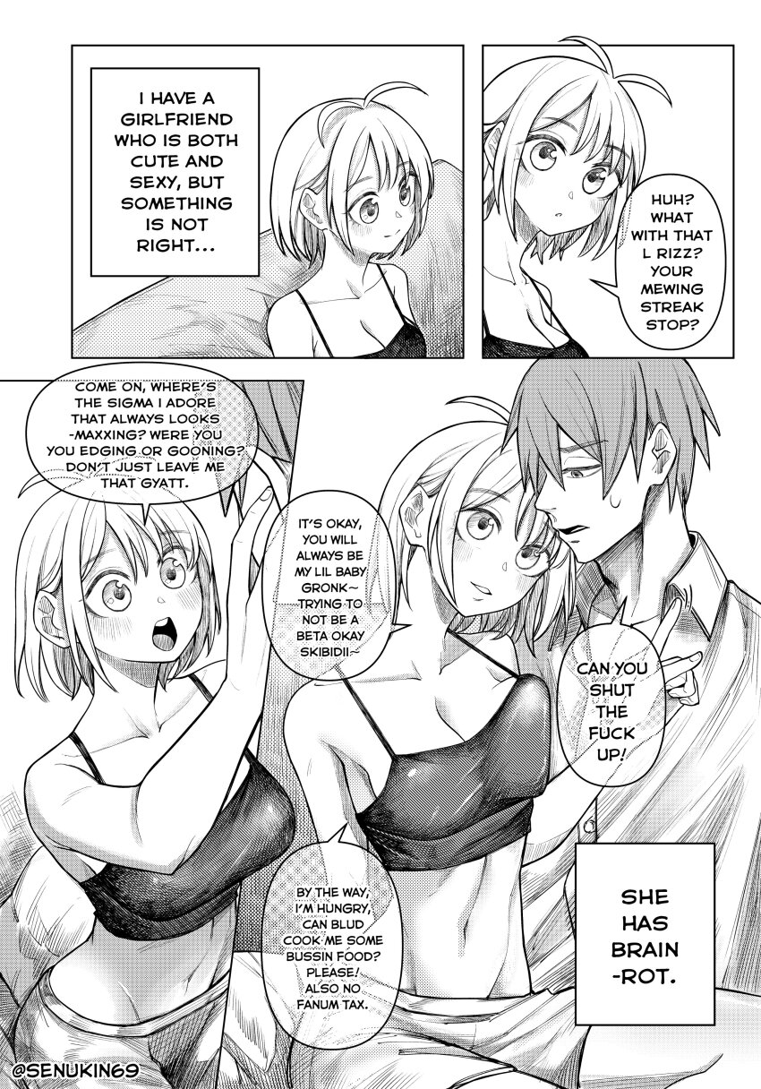 1boy, 1girl, absurdres, annoyed, antenna_hair, brainrot_girlfriend, luvvy_gronk, breasts, camisole, cleavage, collarbone, collared_shirt, comic, commentary, couple, crop_top, english_commentary, english_text, greyscale, groin, hair_behind_ear, head_tilt, hetero, highres, large_breasts, left-to-right_manga, meme, midriff, monochrome, navel, parted_lips, senukin, shirt, short_hair, shorts, sitting, smile, speech_bubble, talking, translation_request, zoomer_slang