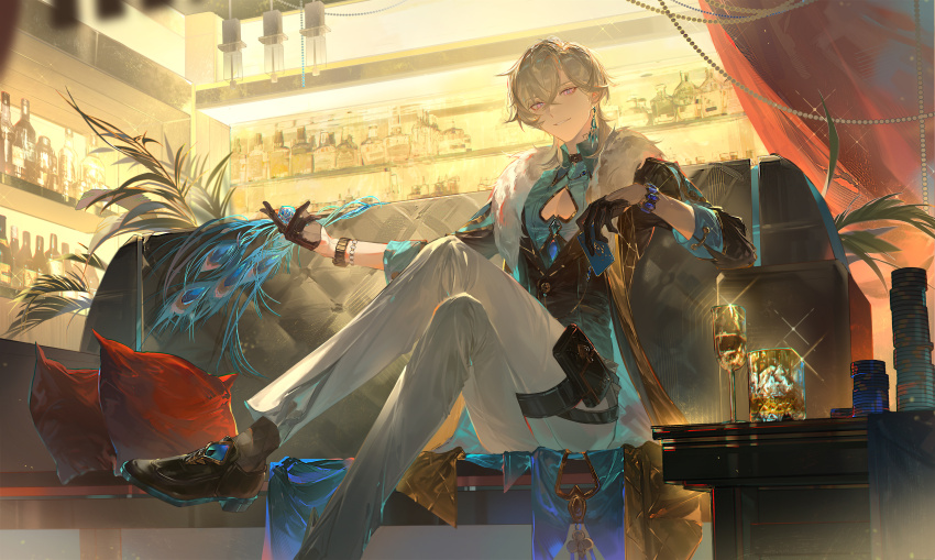 1boy, absurdres, aventurine_(honkai:_star_rail), black_coat, black_footwear, black_gloves, blonde_hair, blue_shirt