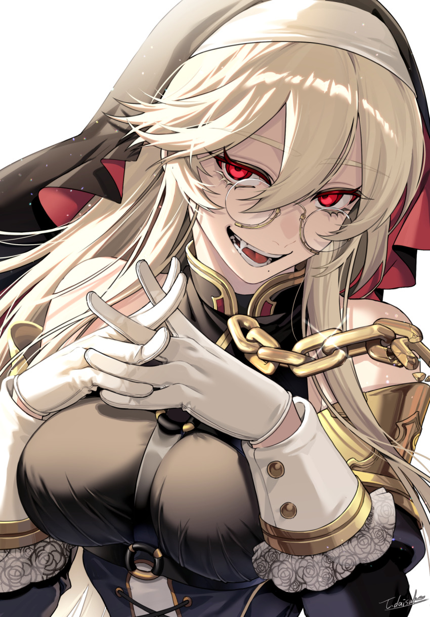 1girl, bare_shoulders, black_dress, black_sleeves, blonde_hair, breasts, chain, chest_harness